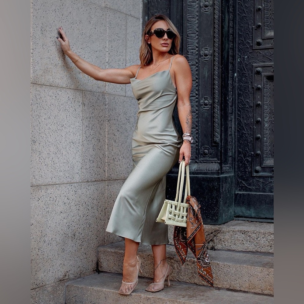 By Egreis Charelle Satin Midi Dress - Grayish Sage, NWOT